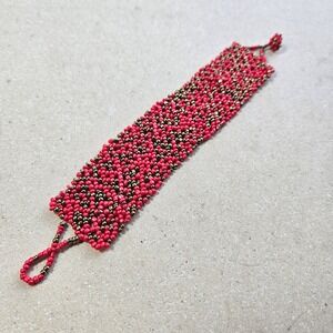 Handcrafted Red and Bronze Seed Bead Wide Cuff Bracelet Boho Artisan Style‎